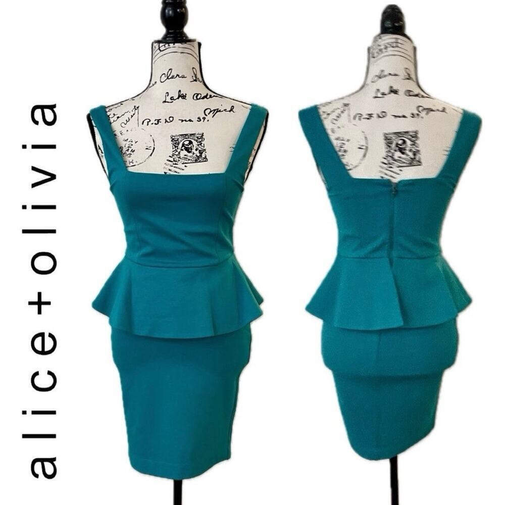 ALICE & OLIVIA DRESS POPPY PEPLUM MIDI SZ 2 TEAL FITTED BODICE QUIET LUXURY CORE - Picture 2 of 16